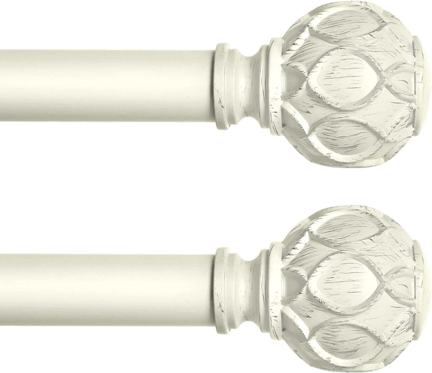 White Farmhouse Curtain Rods for Windows:Heavy Duty Adjustable Curtain Rod for Bedroom Living Room,Boho Decorative Rustic Drapery Rods with Vintage Coastal Finials,Antique White 2 Pack 18-45"
