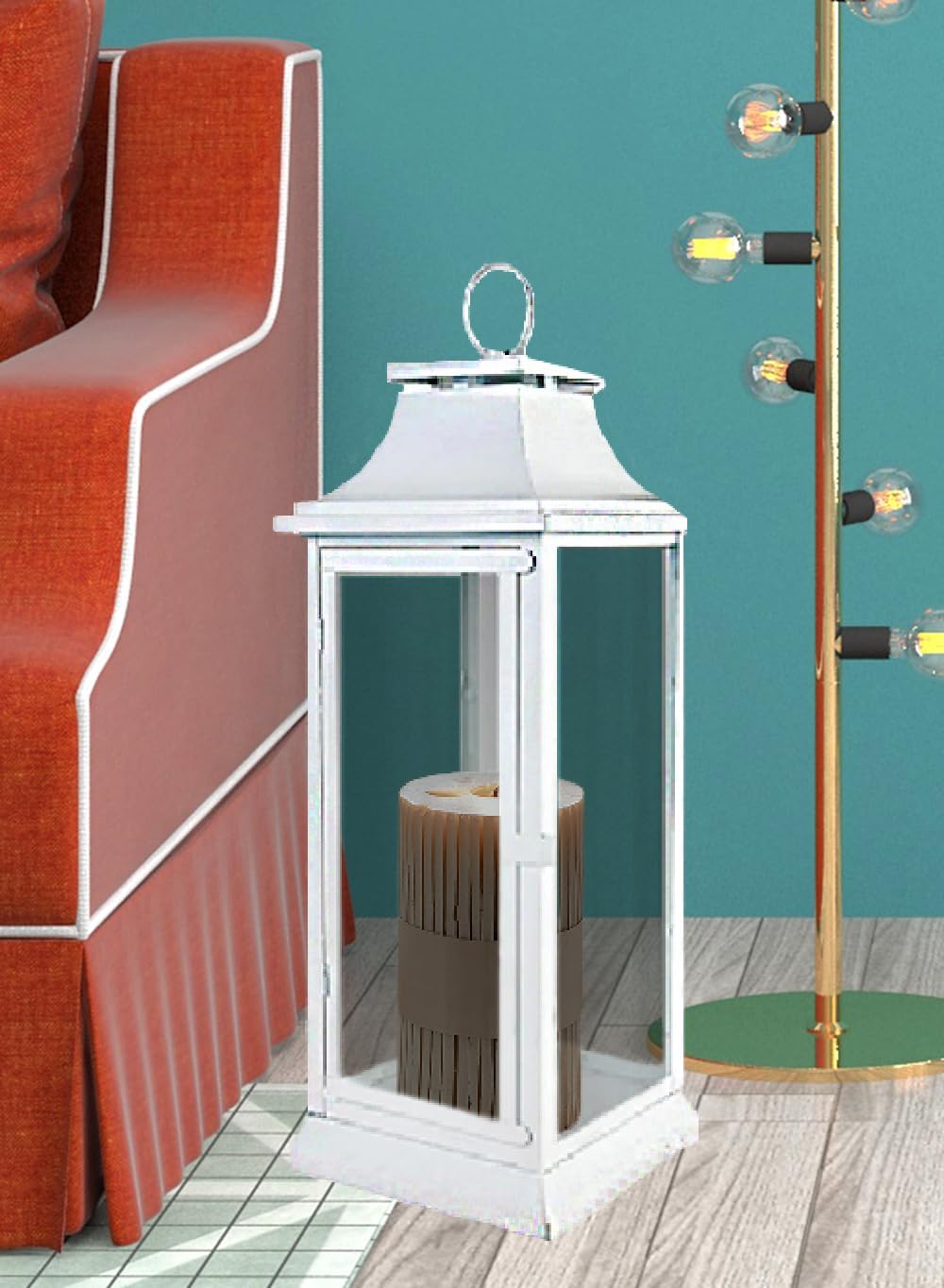 Serene Spaces Living Hurricane Lanterns with Clear Glass Panels, Perfect for Home Decor, Parties & Events, Table Top Or Hanging Lantern for Indoor & Outdoor (Medium - White)