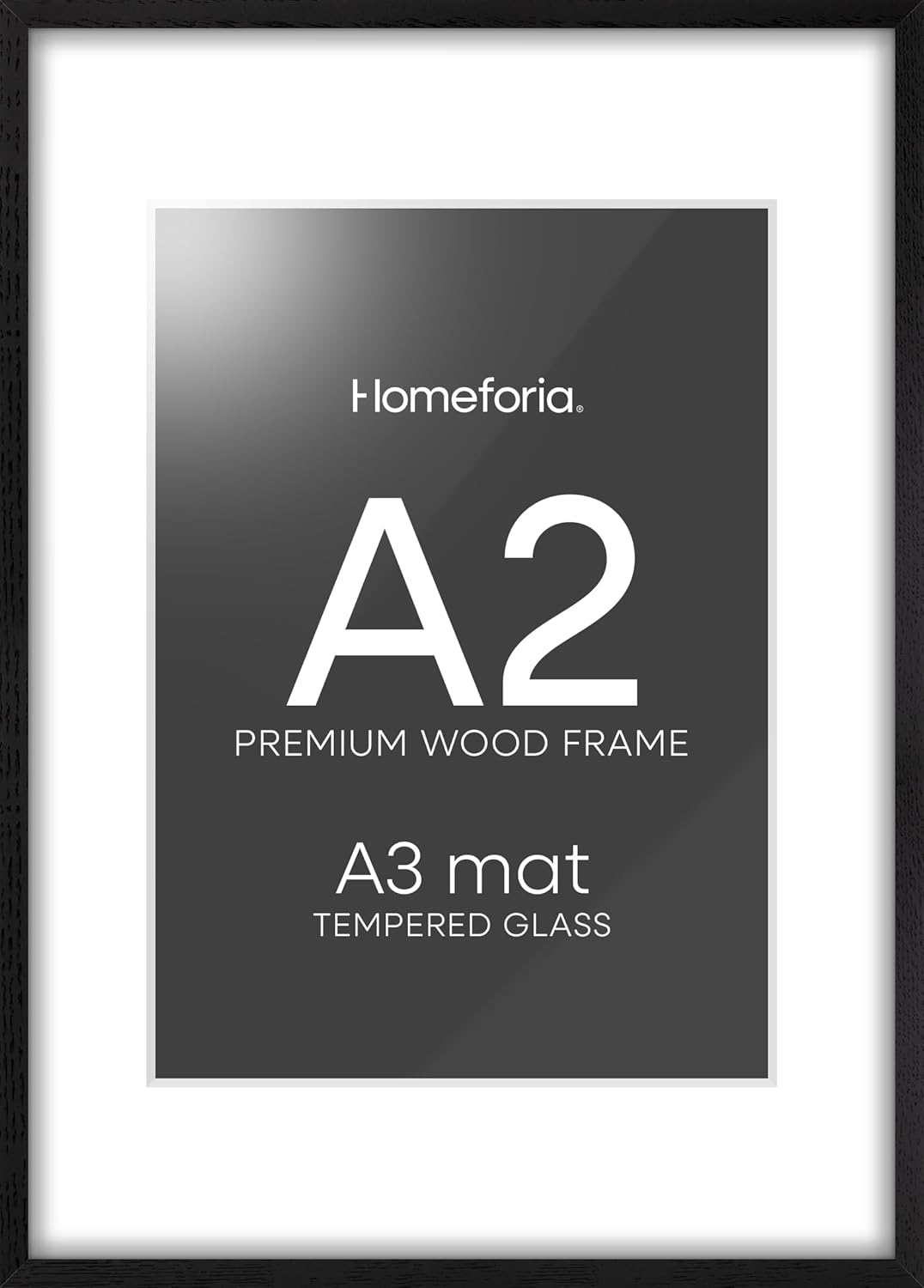 Homeforia A2 Black Wood Frame, High End Oak 16.5 x 23.4 Black Wooden Poster Frames Matted to 11.7 by 16.5 in Photo, A2 Size Wood Picture Frame with Mat A3 for Print, Tempered Glass, Wall Kit, Set of 1