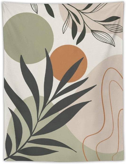 Abstract Bohemian Mid Century Tapestry, Tropical Leaves Modern Geometric Archway Minimalist Bohemian Botanical Aesthetic Wall Hanging, Sage Green Gold Home Decor Art for Bedroom 40x60 Inch