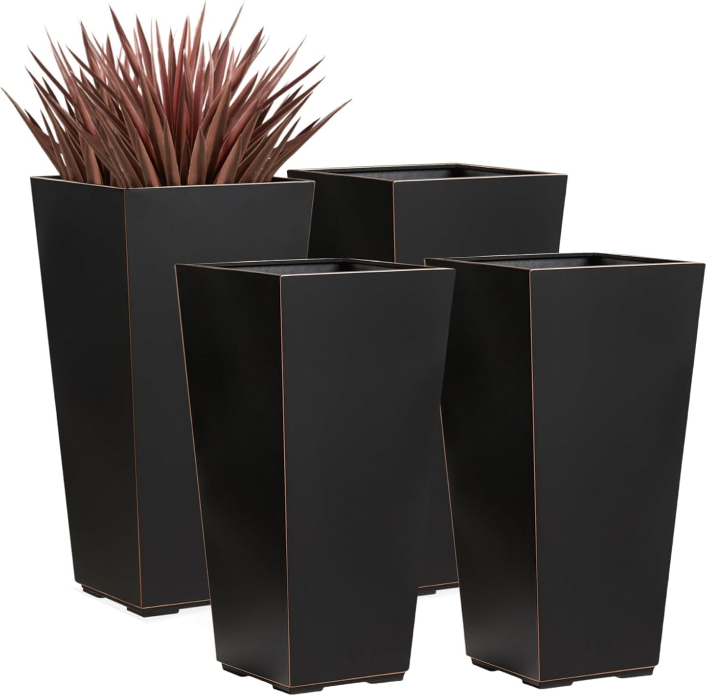 26 Inch Planter Tall Tapered Planter for Front Porch, Patio, Deck, Garden Indoor/Outdoor Tree Planters, Set of 4, Black with Copper Hand Brushed Rim