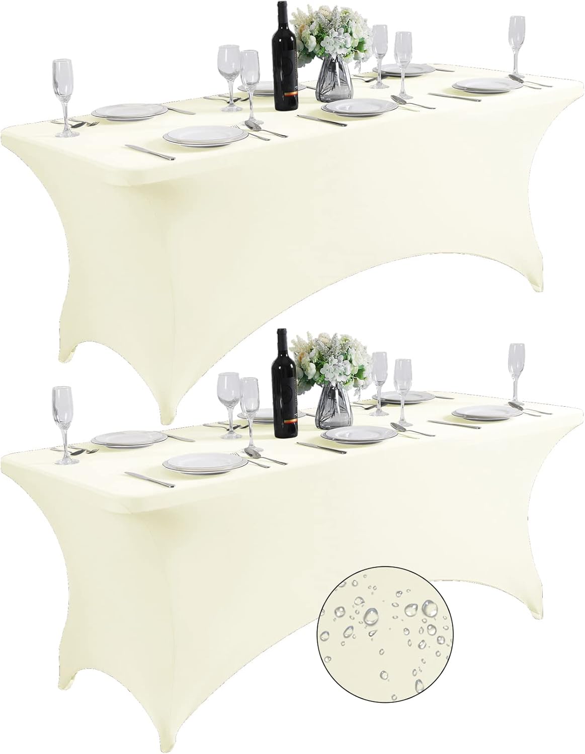 SuperO 2Pack Waterproof Spandex Table Cover for 6FT Table Universal Fitted Stretch Tablecloth for Party, Banquet, Wedding and Events-Ivory