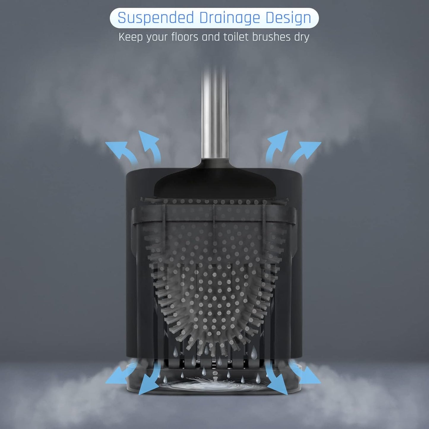 Sellemer Toilet Brush and Holder Set - Flexible Toilet Bowl Brush Head with Silicone Bristles, Compact Size for Storage and Organization, Ventilation Slots Base (1 Pack, Black)