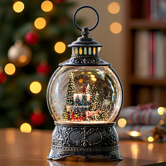 Christmas Snow Globes Christmas Water Lantern with Carriage Blue Church, Music & 6H Timer, USB Lined/Battery Operated Lighted Lanterns for Xmas Festival Decoration Gifts