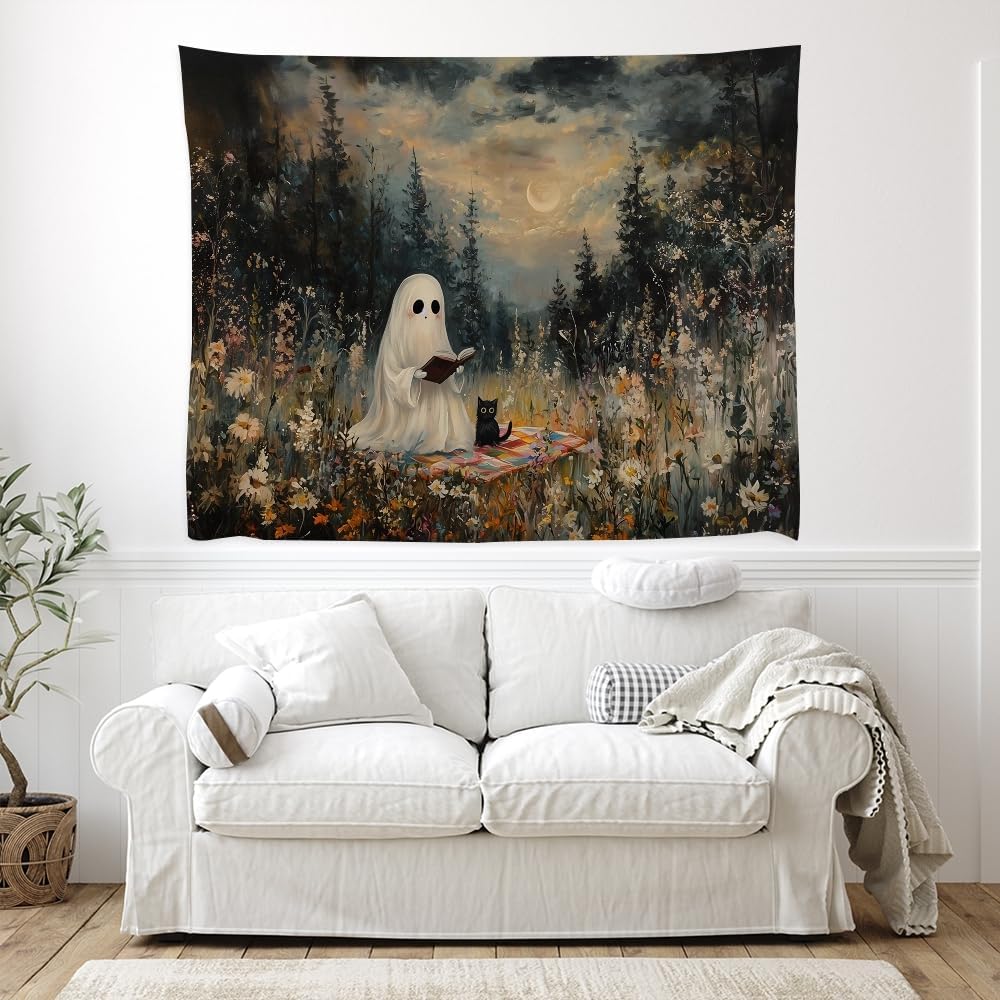 Halloween Ghost and Black Cat Tapestry Wall Hanging Spooky Ghos Reading Book in Wildflowers Wall Decor Halloween Witchy Room Aesthetic Tapestries for Goth Living Room Bedroom Decoration 70x90inch