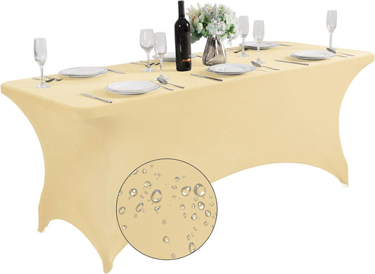 SuperO Waterproof Spandex Table Cover for 6FT Table Universal Fitted Stretch Tablecloth for Party, Banquet, Wedding and Events-Champagne