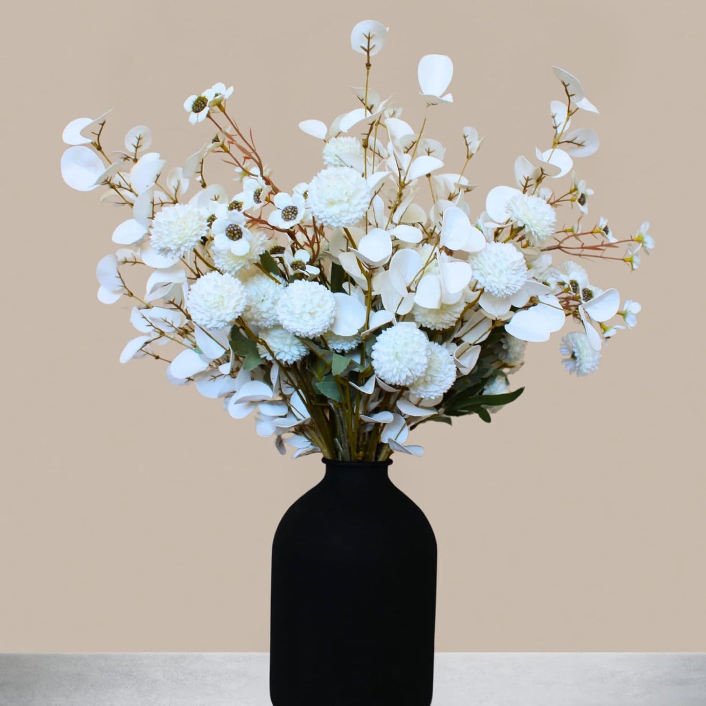 White Artificial Flowers Bulk for Vase That Look Real, White Flower Centerpiece for Table, Silk Floral for Home Decor Indoor, Faux Kiku + Eucalyptus Stems + Wildflowers, Flores Blancas Artificiales