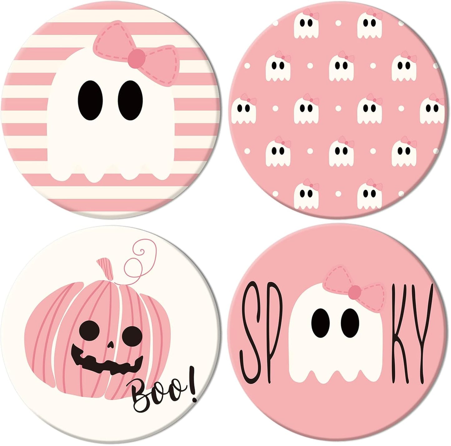 Whaline 4Pcs Halloween Ceramic Coasters Pink Ghost Pumpkin Drink Coasters Absorbent Cup Mat for Mug Cup Home Kitchen Party Table Decor