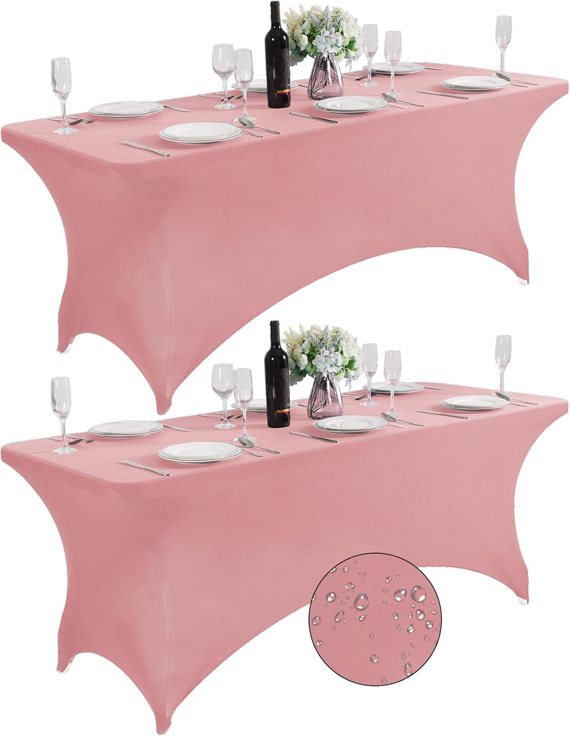 SuperO 2Pack Waterproof Spandex Table Cover for 6FT Table Universal Fitted Stretch Tablecloth for Party, Banquet, Wedding and Events-Dusty Pink
