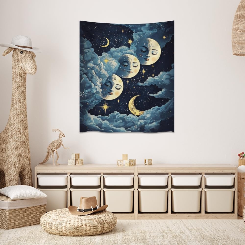Blue Moon Faces Tapestry Celestial Wall Art Dark Academia Aesthetic Print Stars Clouds Tapestries Wall Hanging whimsical Gothic Home Decor for Bedroom Living Room 50x60inch