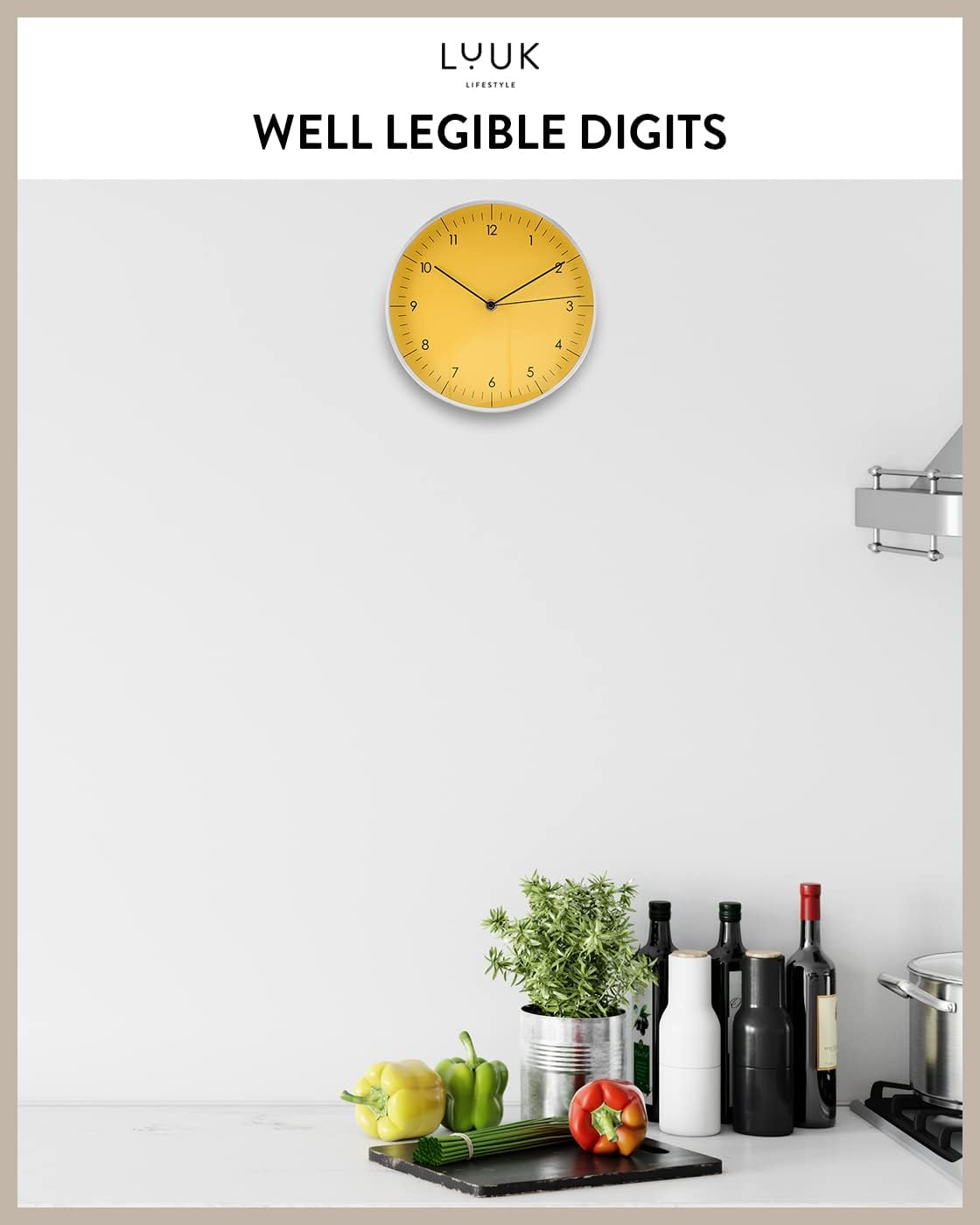 LUUK LIFESTYLE 10” Quartz Wall Clock with Silent Movement, Timeless Scandinavian Design, Kitchen Wall Clock, Decoration for Children's Room, Yellow and Silver