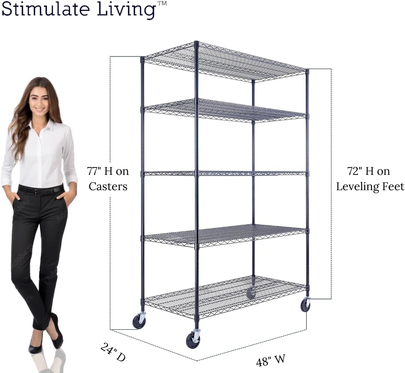 48"x24"x72" Prime Heavy Duty Black 5-Tier Steel Wire Shelving NSF 4000 LBS MAX Capacity Storage Rack for Commercial, School, Home, Garage, Warehouse, Industrial, and Hospital Uses (with Wheels)