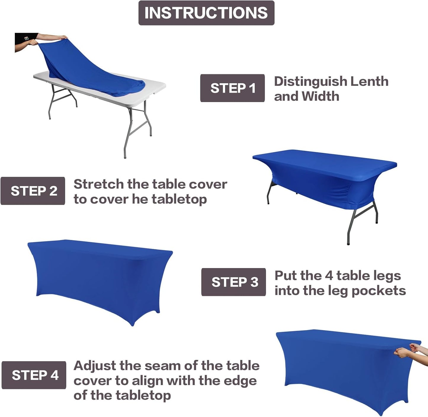 IVAPUPU 2 Pack 4FT Table Cloth for Rectangular Fitted Events Stretch Royal Blue Table Covers Washable Cover Spandex Tablecloth Protector for Party, Wedding, Cocktail, Banquet, Festival