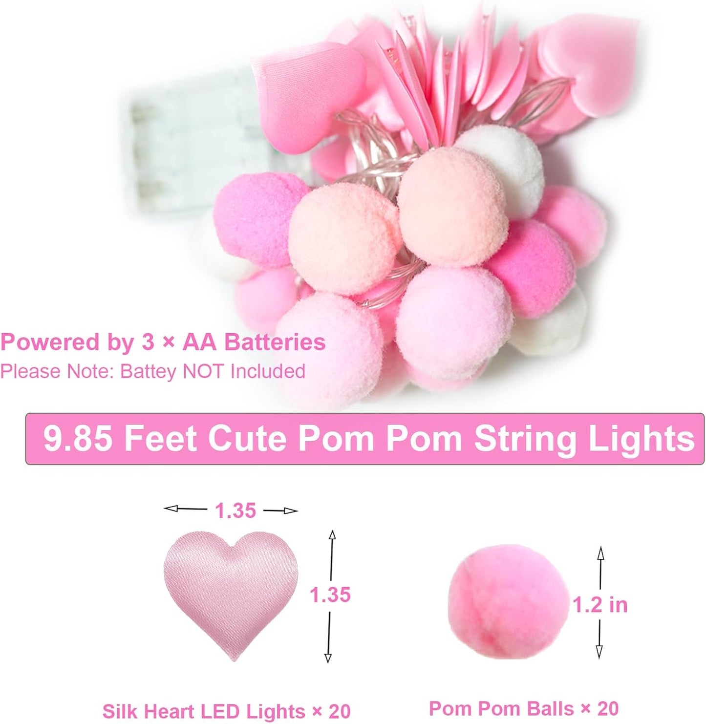 9.85Ft String Lights with 20 Pink Heart LEDs 20 Pink Pom Poms Garland Lights with Timer Valentine Decoration for Home Kid Bedroom Mother's Day Wedding Party Valentine's Day Decor