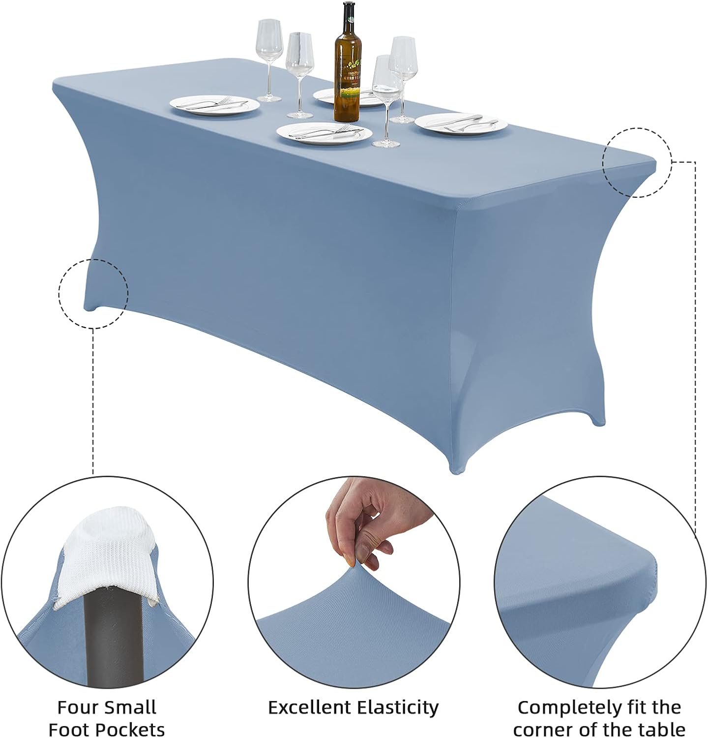 CWK 6FT Waterproof Stretch Spandex Table Cover for Rectangular Tables - Elastic Fitted Tablecloth for Folding Tables,Wrinkle Resistant Table Cloth for Parties, Weddings, Banquets & Events (Sky Blue)