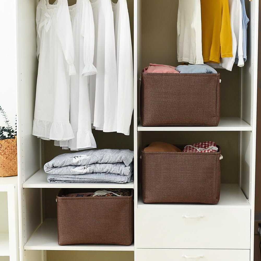 TheWarmHome Organization and Storage Basket for Shelves - 3 Pack 16x12x12 inch Fabric Storage Cubes, Cube Storage Bin for Organizing Closet Cloth Organizer Gift Toy (White & Brown)