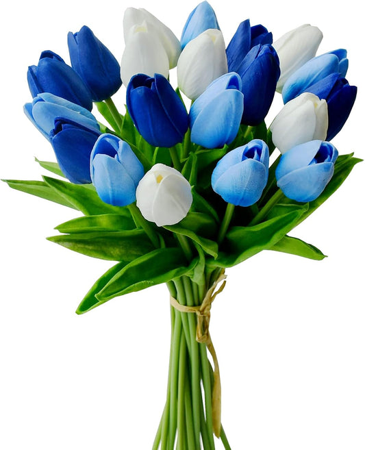 Mandy's Artificial Tulips 20 Stems Shades of Blue PU Faux Flowers for Wedding Home Decor 13.5 Inch