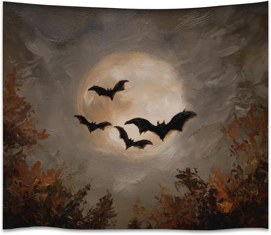 Spooky Halloween Bats Dark Academia Full Moon Autumn Leaves Wall Hanging Vintage Haunted Home Artwork Gothic Witchy Ghost Tapestries for bedroom Living Room Decor 60x80inch