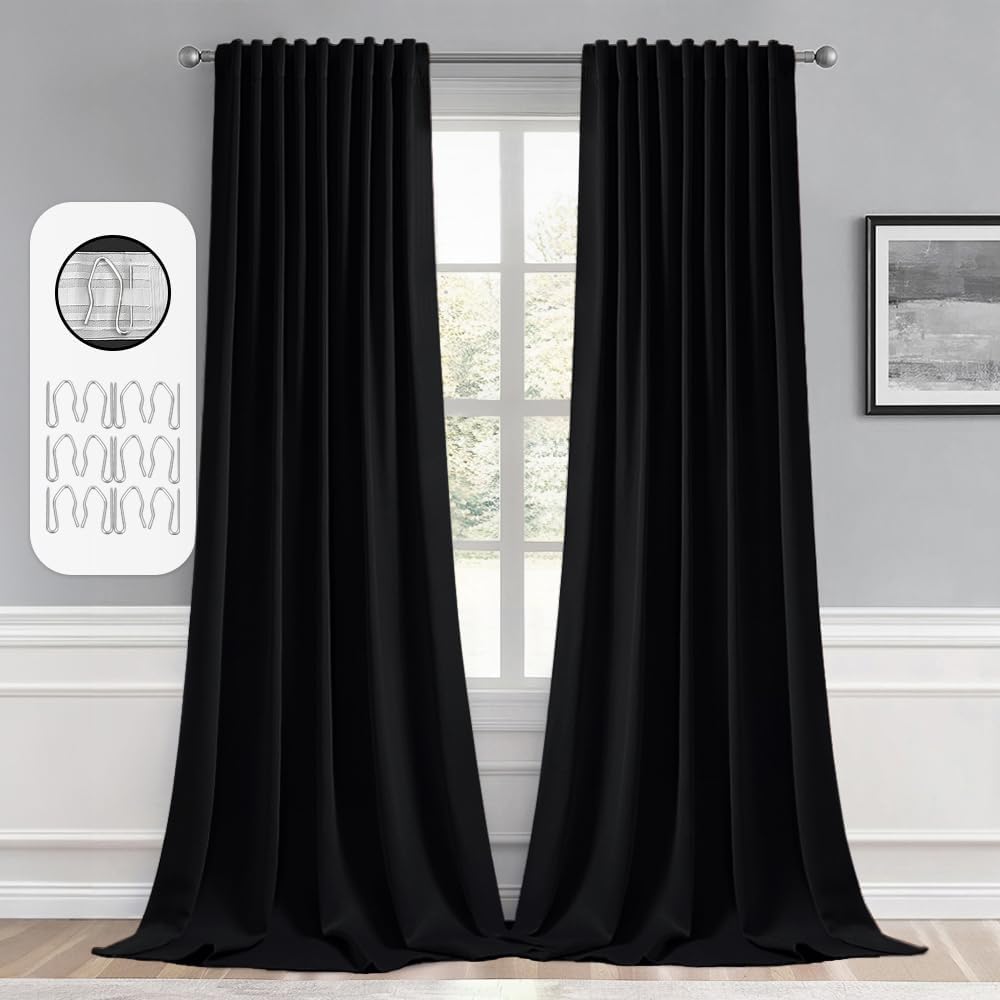 MIULEE Back Tab Blackout Curtains 92 Inch Long 2 Panels Set for Living Room Bedroom, Halloween Black Rod Pocket/Pinch Pleated Thermal Insulated Room Darkening Light Blocking Floor to Ceiling Drapes