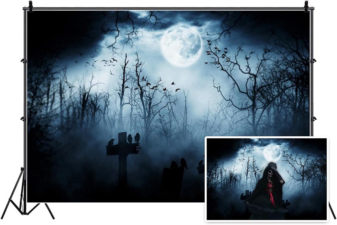 AOFOTO 10x7ft Moon Night Halloween Cemetery Photography Backdrop Flying Bats Birds Stand on Gravestone Cross Graveyard in Dark Forest Photo Background Cloth Vinyl Wallpaper Photo Studio Props Vinyl