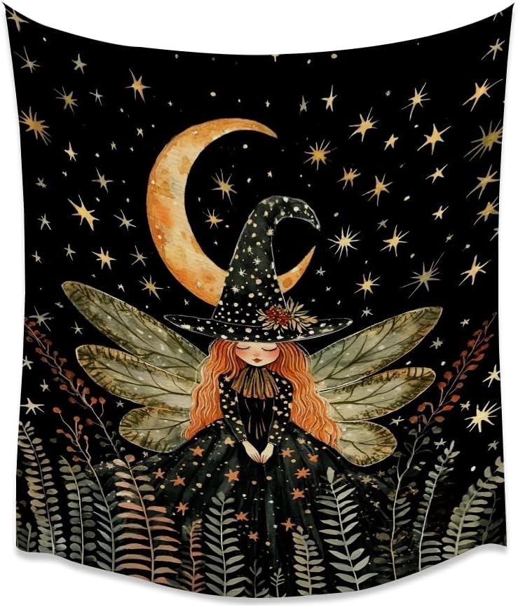 Dark Academia Witch Fairy Tapestry Wall Hanging Magical Moon Starry Night Art Print Halloween Witchy Artwork Aesthetic Wall Tapestries for Girls Bedroom Living Room Dorm Decoration 30x40inch