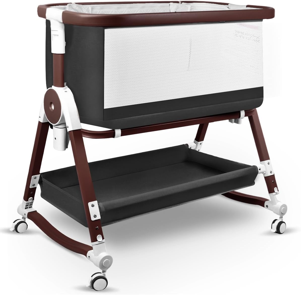 4 in 1 Baby Bassinet, Bassinets Bedside Sleeper with Wheels and Storage Basket, Adjustable 7 Heights Bedside Sleeper with Mosquito Net, Breathable Mesh Rocking Bassinet for Baby