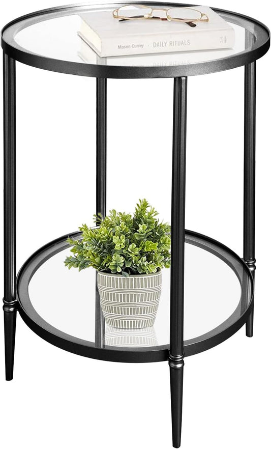 2 Tier Round Side Table, Black End Table with Glass Top, Modern Metal Clear Coffee Table，Small Accent Table for Living Room, Bedroom, 18" x 18" x 24"