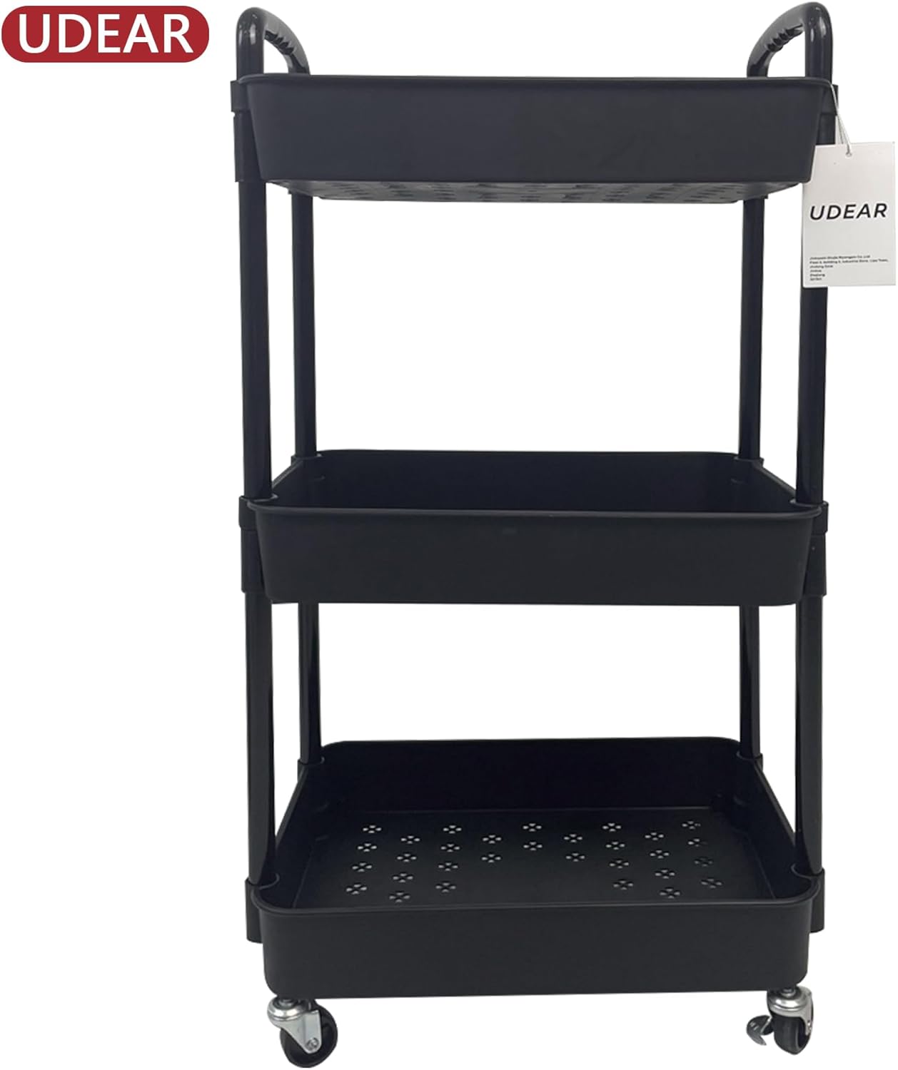 UDEAR 3-Tier Rolling Utility Cart with 12 Category Labels,Multifunctional Comagtable Rolling Shelving with Handle and Lockable Wheels for Room,Office,Kitchen,Bathroom,Black