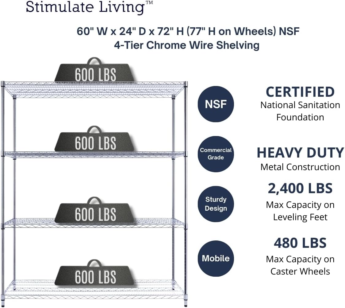 60"x24"x72" PRIME HEAVY DUTY Chrome 4-Tier Wire Shelving NSF 2400 LBS MAX Capacity Storage Rack for Commercial, School, Home, Garage, Warehouse, Industrial, and Hospital Uses (with Wheels)