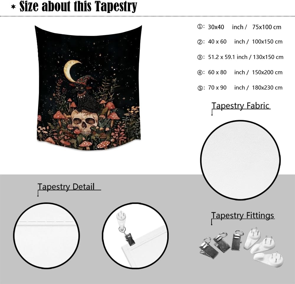 Halloween Witch Cat Tapestry Gothic Skull and Mushroom Artwork Print Spooky Halloween Witchy Wall Hanging Decor Black Cat Crescent Moon art Tapestries for Living Room Bedroom Decoration 60x80inch