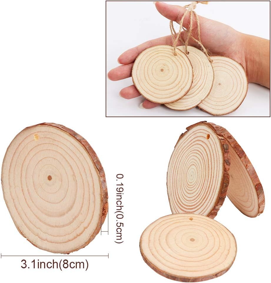 AerWo Natural Wood Slices 50 Pcs 2.7-3.1 Inches Craft Wood Kit Unfinished Predrilled with Hole Wooden Circles Tree Slices for Arts and Crafts Christmas Ornaments DIY Crafts