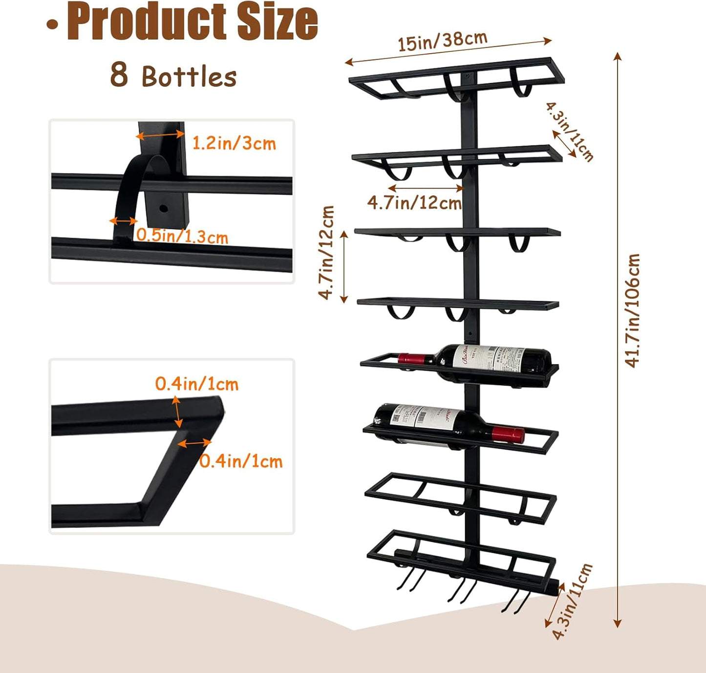 16 Bottle Wall Mount Wine Rack with Wine Glass Holder, Metal Wine Wall Rack, Wall Racks for Wine Bottles Display and Storage, Hanging Bottle Organizer for Living Dining Room Wine Cellar Bar (Black)
