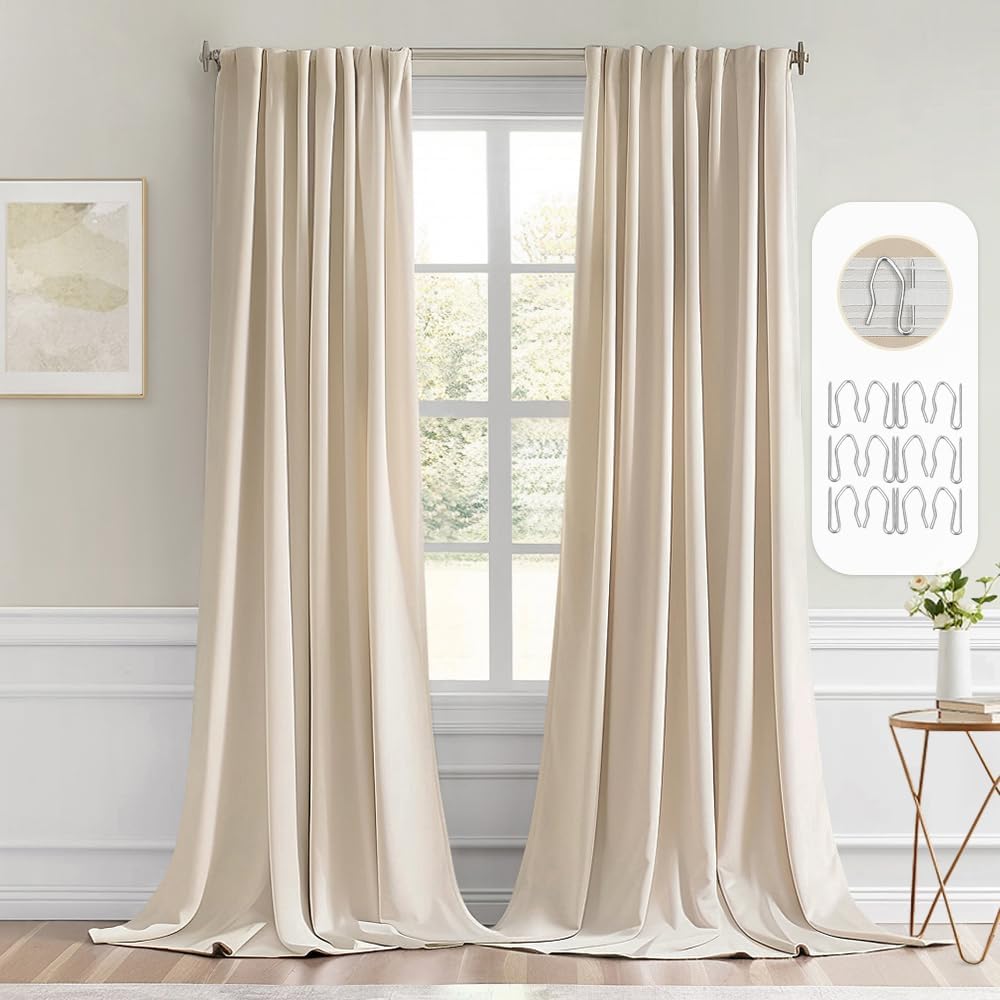 MIULEE Back Tab Cream Beige Curtains 96 Inch Long 2 Panels Set for Living Room Bedroom, Ivory Rod Pocket/Pinch Pleated Light Blocking Thermal Insulated Room Darkening Floor to Ceiling Blackout Drapes
