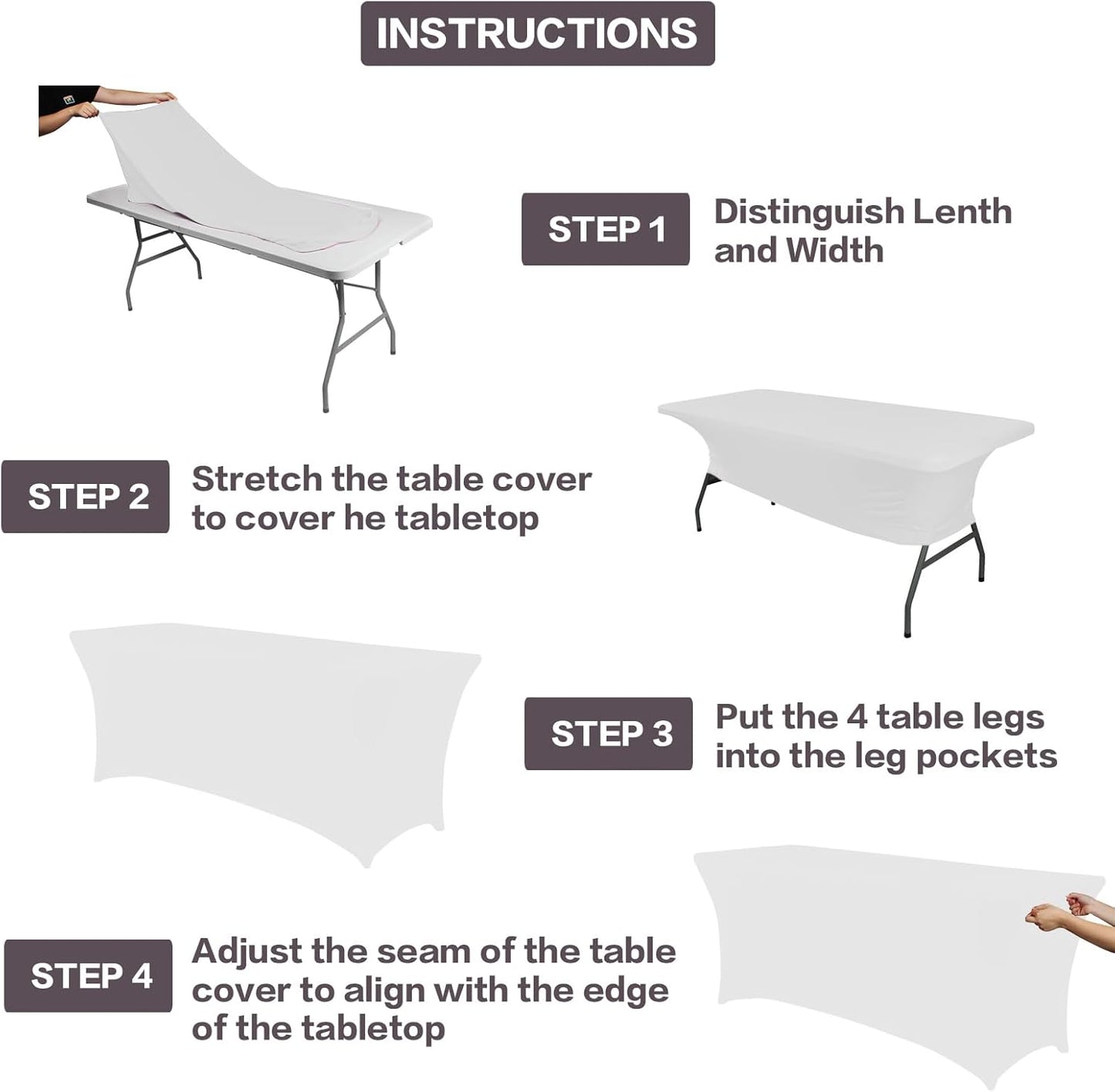 IVAPUPU 2 Pack 4FT Table Cloth for Rectangular Fitted Events Stretch White Table Covers Washable Cover Spandex Spring Tablecloth Protector for Party, Wedding, Cocktail, Banquet, Festival