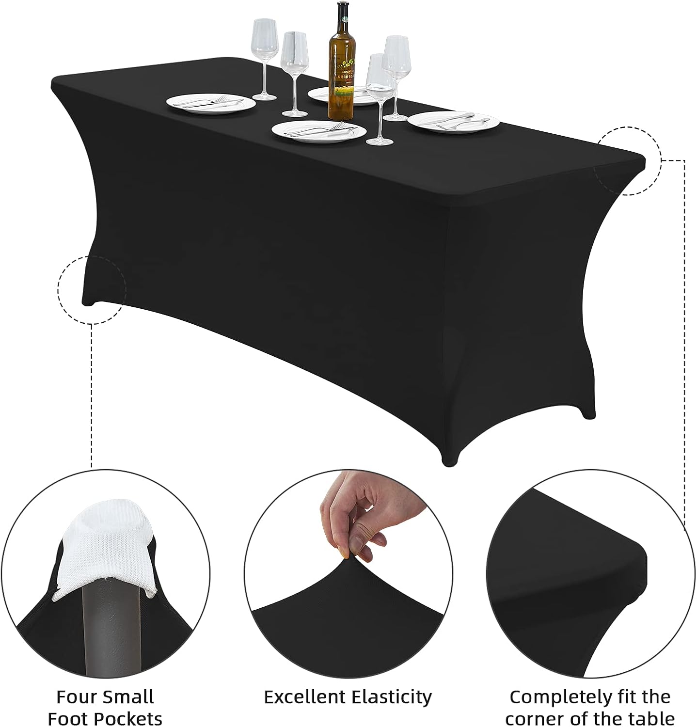 CWK 8FT Waterproof Stretch Spandex Table Cover for Rectangular Tables - Elastic Fitted Tablecloth for Folding Tables,Wrinkle Resistant Table Cloth for Parties, Weddings, Banquets & Events (Black)