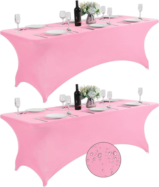 SuperO 2Pack Waterproof Spandex Table Cover for 8FT Table Universal Fitted Stretch Tablecloth for Party, Banquet, Wedding and Events-Pink
