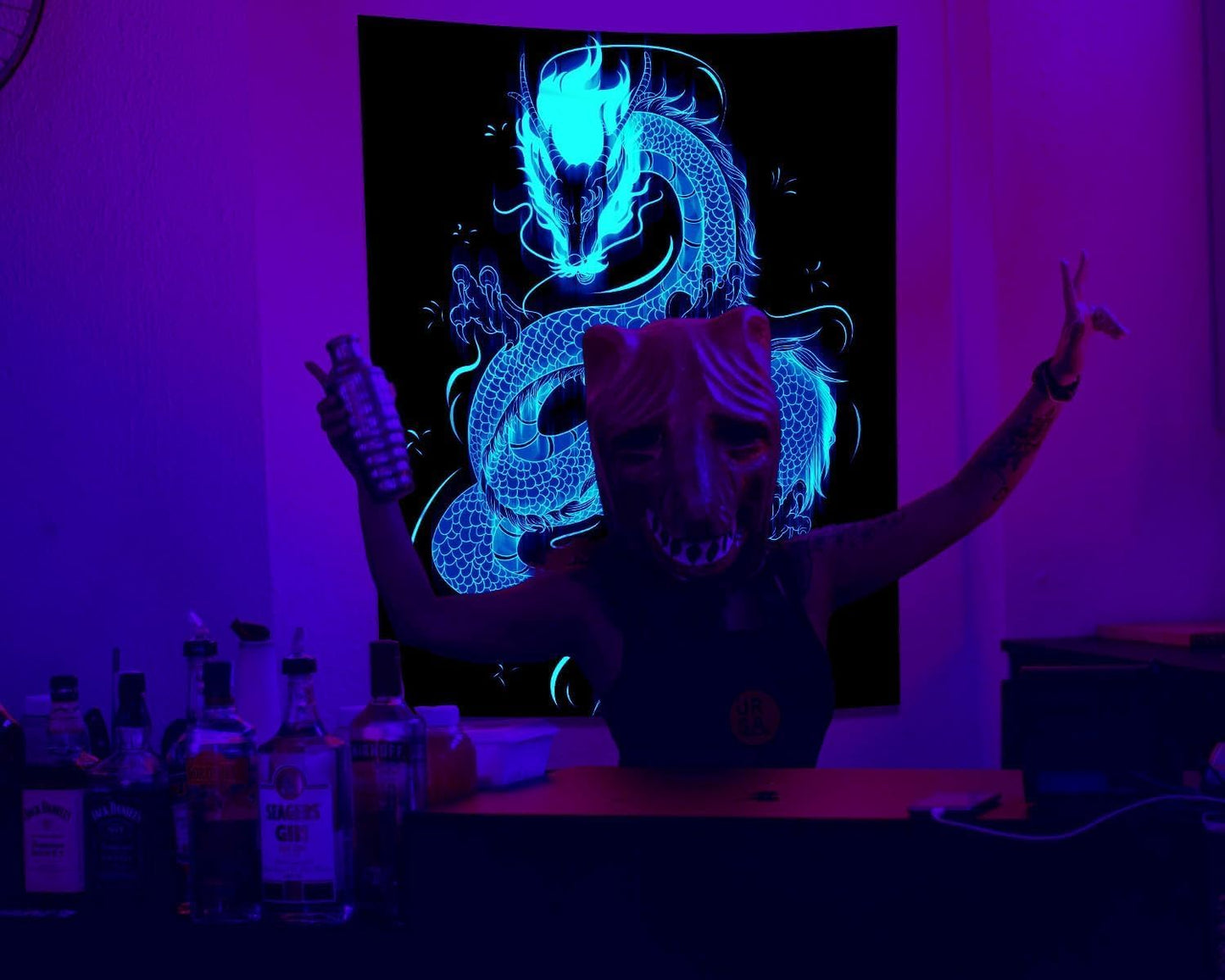 QGHOT Blacklight Dragon Tapestry Wall Hanging Cool Japanese Black Light Glow in the Dark Dragon Backdrop Uv Viking Tapestry for Boys Bedroom Mens Room Wall Deocr 90"x70"