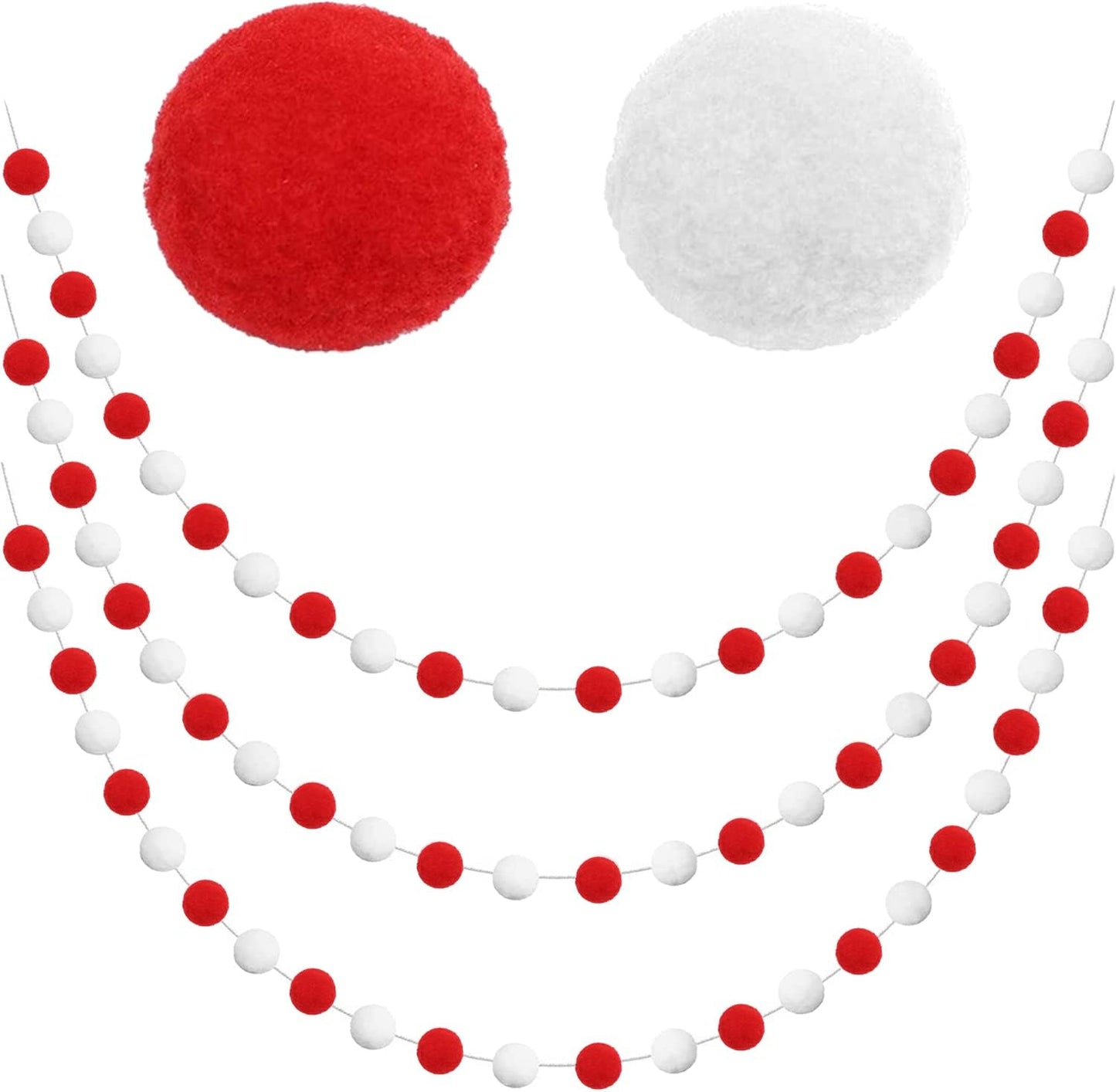 Jishi 3-Pack Pom Pom Garland Red and White Felt Ball Ornament Garland Christmas Decorations, Cute Pompom Strings for Christmas Tree Decor, Xmas Holiday Party, Birthday Banner - 6.6 Feet Long, 24 Balls