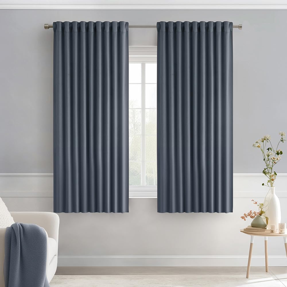 MIULEE Stone Blue Back Tab Blackout Curtains 63 Inch Length 2 Panels Set for Living Room Bedroom Privacy, Rod Pocket/Pinch Pleat Thermal Insulated Room Darkening Pleated Light Blocking Drapes