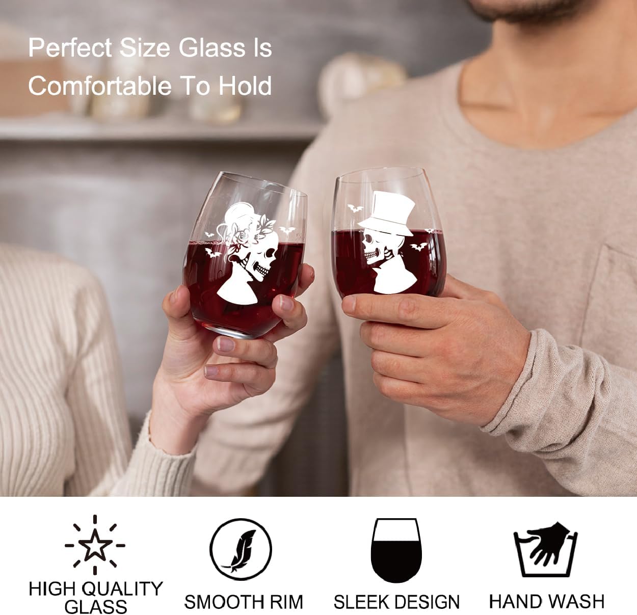 Perfectinsoy Skull Wine Glass 2 Piece with Gift Box, Zombie Design, Valentine's Day Autumn Halloween, Anniversary Wedding Gifts, Couple Gifts for Boyfriend and Girlfriend. (Skull Set of 2 A)