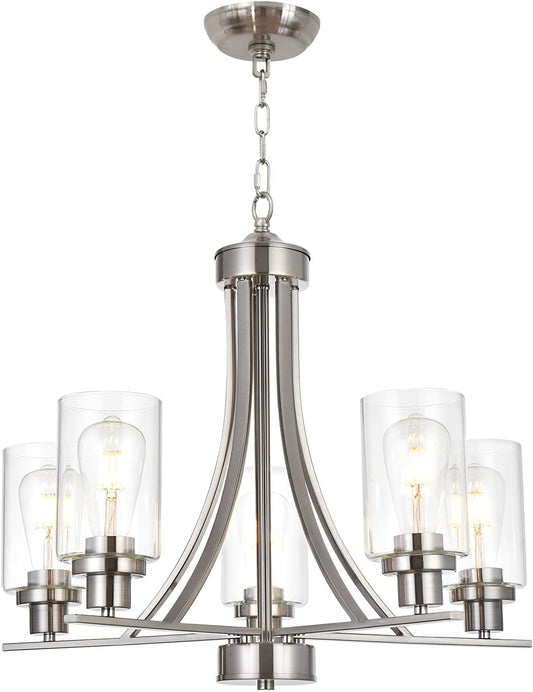 BONLICHT Traditional Chandelier Lighting 5 Light Brushed Nickel Modern Light Fixtures Hanging Pendant Lighting with Clear Glass Shade Classic Ceiling Lights for Kitchen Dining Room Living Room Island