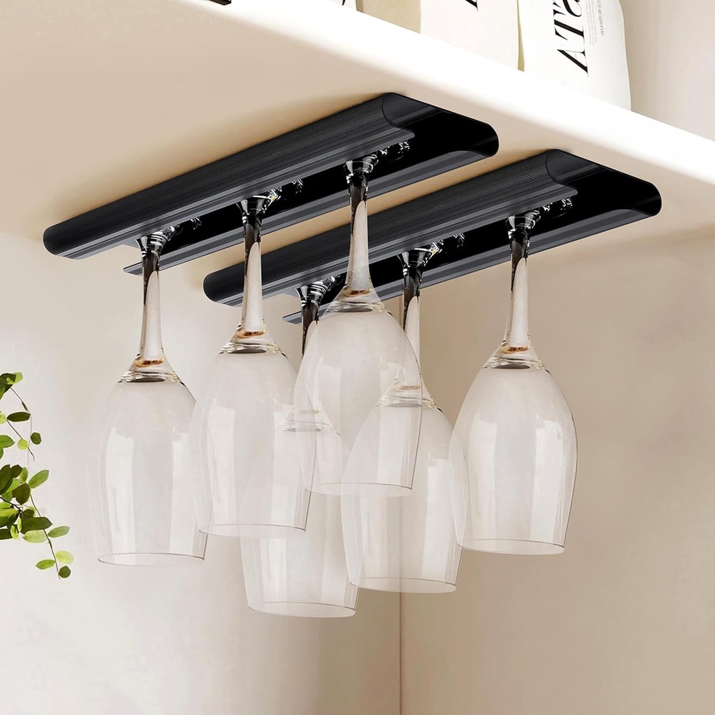 GeLive 12 Inch Wine Glass Holder Under Cabinet Stemware Rack Wine Glass Hanger Storage Organizer for Kitchen and Bar Aluminum Alloy Set of 2 (Black)