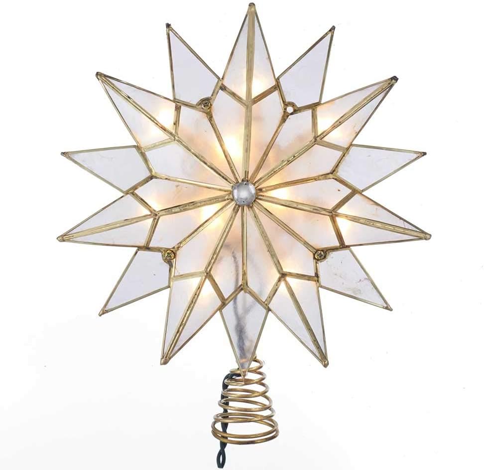Kurt S. Adler UL3141 9.84" Brass Plated 7-Point Double Tip Capiz Star with Center Gem Tree Topper