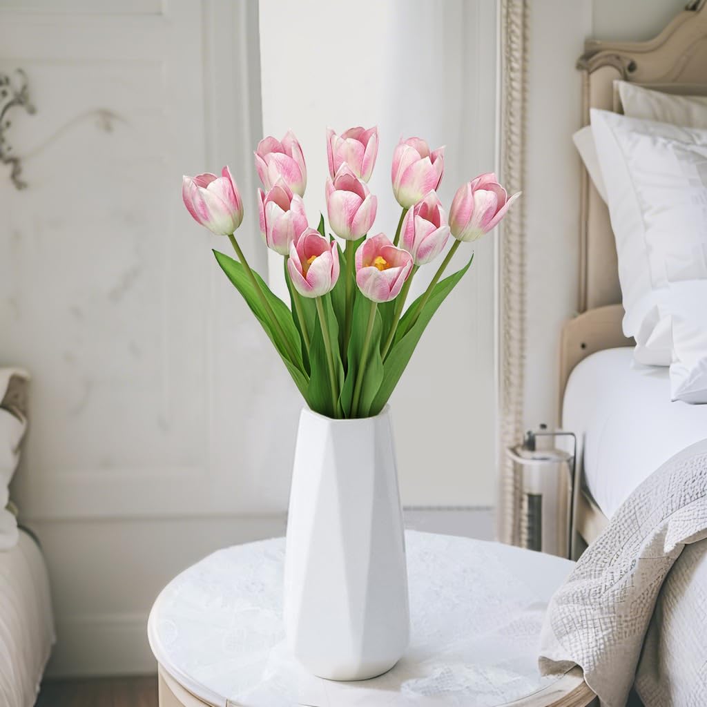 Artificial Tulips Flowers – 20" Long Stem Faux Tulips, 10PCS Real Touch Fake Pink Tulip for Vase, Farmhouse, Kitchen, Spring & Wedding Home Decor