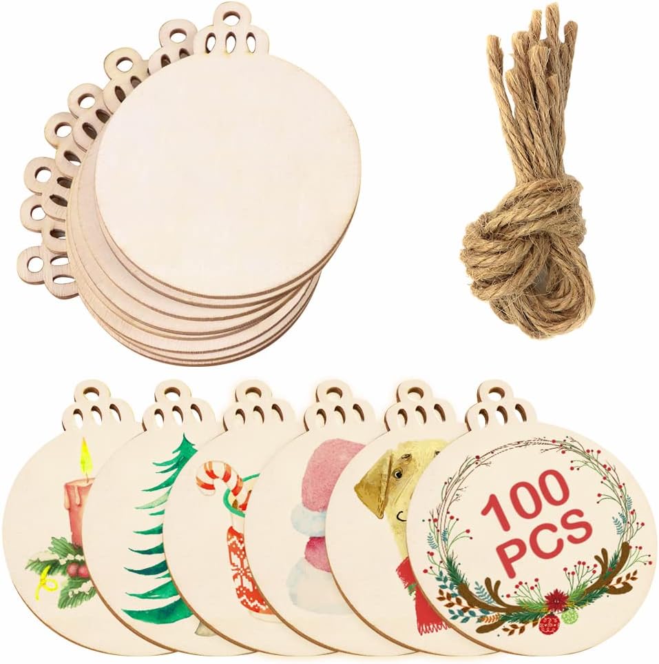 OurWarm 100pcs Wooden Ornaments for Crafts, 3.5inch DIY Christmas Ornaments to Paint, Unfinished Round Wood Slices Christmas Crafts for Hanging Xmas Tree Decorations