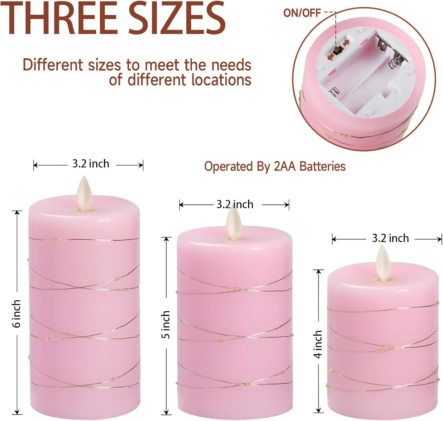 Pink Flameless Candles with String Lights Battery Operated Flickering LED Pillar Candles 4‘’ 5‘’ 6‘’ Candle with Remote Control, Set of 3