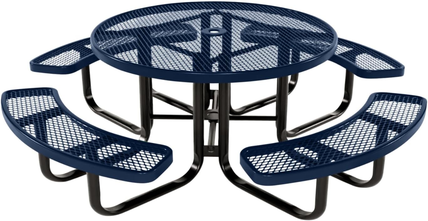 Coated Outdoor Furniture Heavy-Duty Portable Outdoor Kids Table with Umbrella Hole, Expanded Metal Kids Picnic Table, Commercial-Grade, Made in America (46 In, Round, Childrens, Textured Dark Blue)