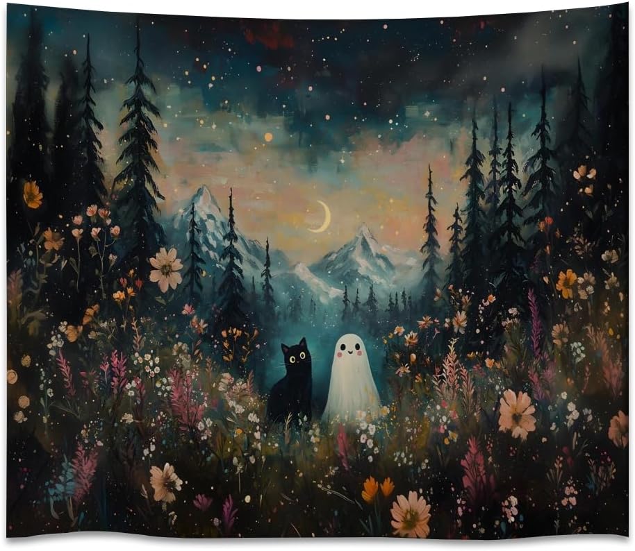 Whimsical Halloween Tapestry Wall Hanging Ghost and Black Cat in Magical Forest Wildflowers Meadow Tapestry Art Print Charming Spooky Fall Season Tapestries for Living Room Bedroom Decor 50x60inch