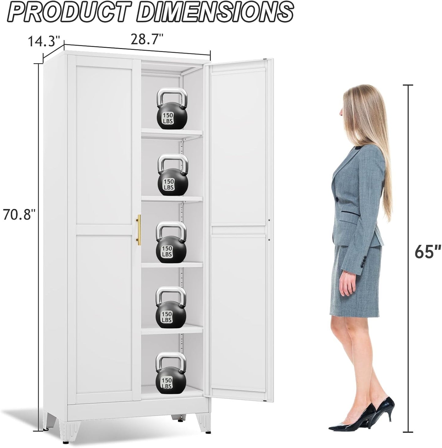 Metal Pantry Cabinet with 2 Doors and Adjustable Shelves - 71" Kitchen Storage Cabinet with Gold Handles - Versatile Storage for Kitchen, Bathroom, Dining Room, Utility Room - White