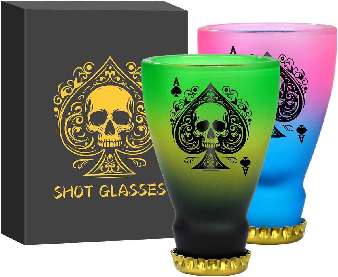 Spades Skull Pattern Glass Shot Glasses, Unique Wine Bottle Shot Glass, 43ml Shot Cups Set of 2 with Gift Box for Alcohol Shots, Vodka, Expresso, Tequila & Dessertsor, Gothic Christmas Gift